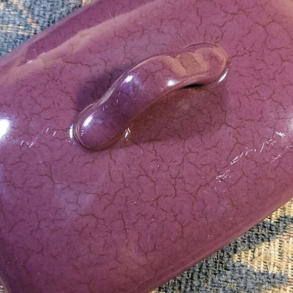 Tastefully Simple Dip Crock Bowl/ Lid Metal Stand Eggplant Serving Dish - Picture 6 of 7